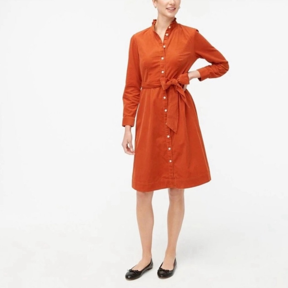 J. Crew Rust Corduroy Button Down Shirt Midi Dress with Removable Tie Size 8